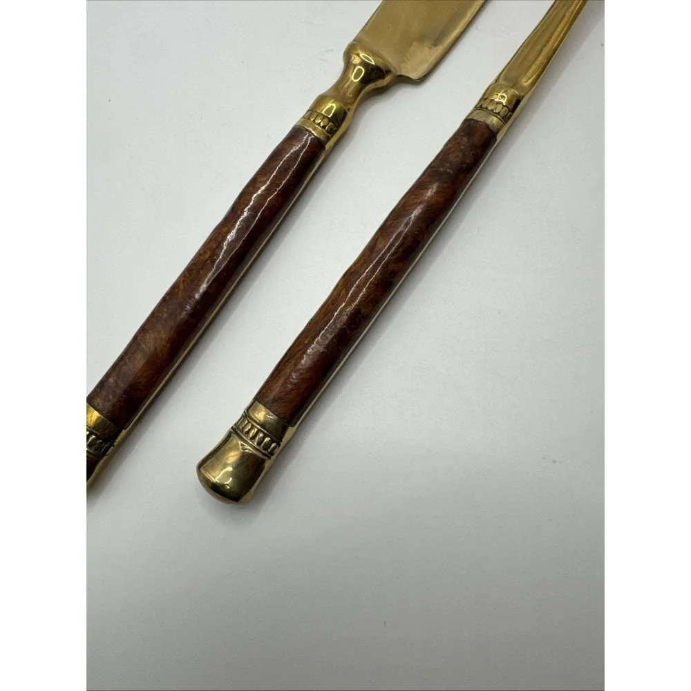 Vintage Burl wood handled‎ carving set. Gold tone.